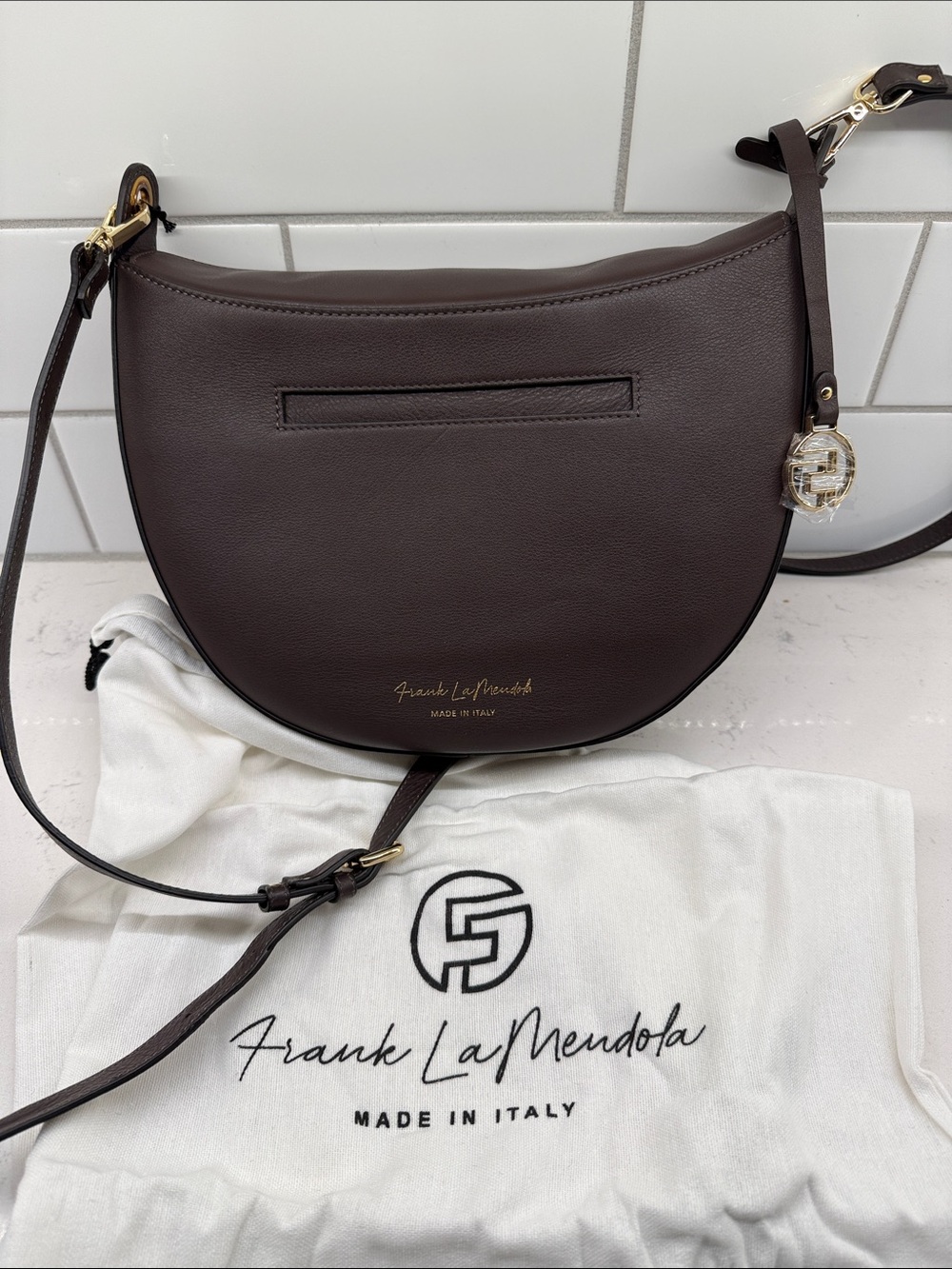 NWT Frank La Mendola  Dark Brown Leather Crescent Crossbody Bag